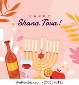 Rosh Hashanah celebration. Rosh Hashanah background. Translation from Hebrew - Happy New Year. Jewish New Year concept. Vector illustration. Poster, Banner, Greeting Card, Invitation Card. Shana tova.