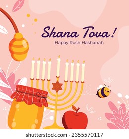 Rosh Hashanah Feier. Rosh Hashanah Hintergrund. Übersetzung aus Hebräisch - Frohes neues Jahr. Jüdisches Neujahrskonzept. Vektorgrafik. Poster, Banner, Grußkarte, Einladungskarte. Shana tova.