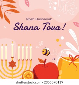 Rosh Hashanah celebration. Rosh Hashanah background. Translation from Hebrew - Happy New Year. Jewish New Year concept. Vector illustration. Poster, Banner, Greeting Card, Invitation Card. Shana tova.