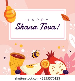 Rosh Hashanah celebration. Rosh Hashanah background. Translation from Hebrew - Happy New Year. Jewish New Year concept. Vector illustration. Poster, Banner, Greeting Card, Invitation Card. Shana tova.