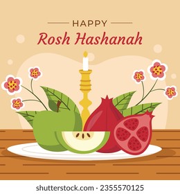 Rosh Hashanah celebration. Rosh Hashanah background. Translation from Hebrew - Happy New Year. Jewish New Year concept. Vector illustration. Poster, Banner, Greeting Card, Invitation Card. Shana tova.