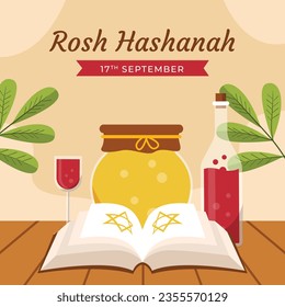 Rosh Hashanah Feier. Rosh Hashanah Hintergrund. Übersetzung aus Hebräisch - Frohes neues Jahr. Jüdisches Neujahrskonzept. Vektorgrafik. Poster, Banner, Grußkarte, Einladungskarte. Shana tova.