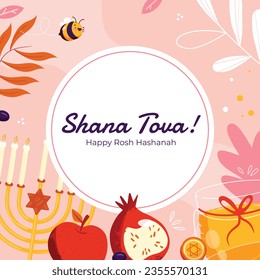 Rosh Hashanah celebration. Rosh Hashanah background. Translation from Hebrew - Happy New Year. Jewish New Year concept. Vector illustration. Poster, Banner, Greeting Card, Invitation Card. Shana tova.