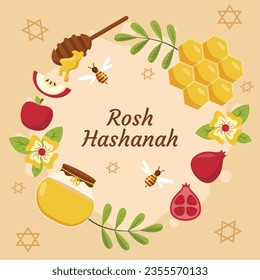 Rosh Hashanah Feier. Rosh Hashanah Hintergrund. Übersetzung aus Hebräisch - Frohes neues Jahr. Jüdisches Neujahrskonzept. Vektorgrafik. Poster, Banner, Grußkarte, Einladungskarte. Shana tova.