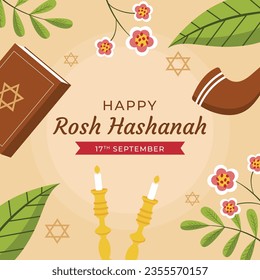 Rosh Hashanah celebration. Rosh Hashanah background. Translation from Hebrew - Happy New Year. Jewish New Year concept. Vector illustration. Poster, Banner, Greeting Card, Invitation Card. Shana tova.