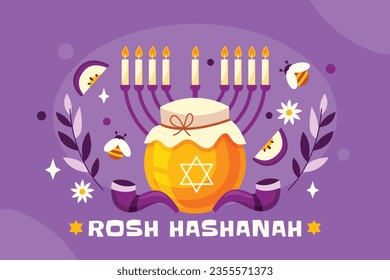 Rosh Hashanah Feier. Rosh Hashanah Hintergrund. Übersetzung aus Hebräisch - Frohes neues Jahr. Jüdisches Neujahrskonzept. Vektorgrafik. Poster, Banner, Grußkarte, Einladungskarte. Shana tova.