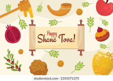 Rosh Hashanah Feier. Rosh Hashanah Hintergrund. Übersetzung aus Hebräisch - Frohes neues Jahr. Jüdisches Neujahrskonzept. Vektorgrafik. Poster, Banner, Grußkarte, Einladungskarte. Shana tova.