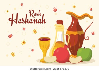 Rosh Hashanah celebration. Rosh Hashanah background. Translation from Hebrew - Happy New Year. Jewish New Year concept. Vector illustration. Poster, Banner, Greeting Card, Invitation Card. Shana tova.