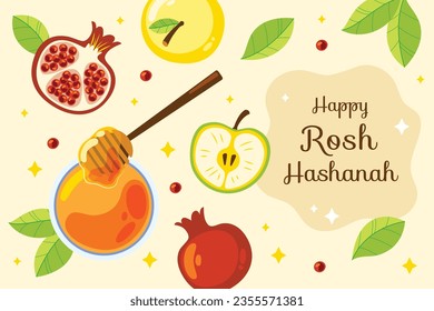 Rosh Hashanah Feier. Rosh Hashanah Hintergrund. Übersetzung aus Hebräisch - Frohes neues Jahr. Jüdisches Neujahrskonzept. Vektorgrafik. Poster, Banner, Grußkarte, Einladungskarte. Shana tova.