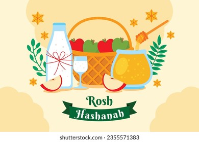 Rosh Hashanah Feier. Rosh Hashanah Hintergrund. Übersetzung aus Hebräisch - Frohes neues Jahr. Jüdisches Neujahrskonzept. Vektorgrafik. Poster, Banner, Grußkarte, Einladungskarte. Shana tova.