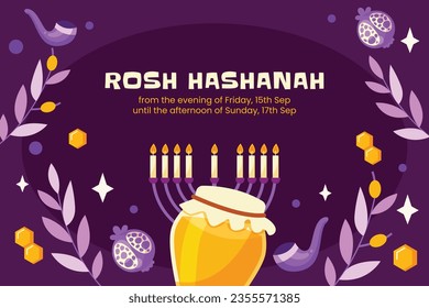 Rosh Hashanah Feier. Rosh Hashanah Hintergrund. Übersetzung aus Hebräisch - Frohes neues Jahr. Jüdisches Neujahrskonzept. Vektorgrafik. Poster, Banner, Grußkarte, Einladungskarte. Shana tova.