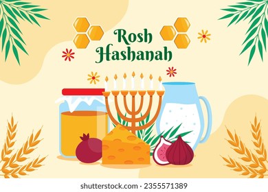 Rosh Hashanah Feier. Rosh Hashanah Hintergrund. Übersetzung aus Hebräisch - Frohes neues Jahr. Jüdisches Neujahrskonzept. Vektorgrafik. Poster, Banner, Grußkarte, Einladungskarte. Shana tova.