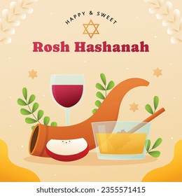 Rosh Hashanah Feier. Rosh Hashanah Hintergrund. Übersetzung aus Hebräisch - Frohes neues Jahr. Jüdisches Neujahrskonzept. Vektorgrafik. Poster, Banner, Grußkarte, Einladungskarte. Shana tova.