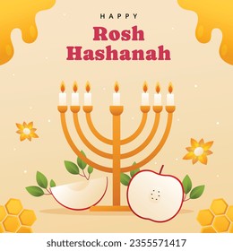 Rosh Hashanah celebration. Rosh Hashanah background. Translation from Hebrew - Happy New Year. Jewish New Year concept. Vector illustration. Poster, Banner, Greeting Card, Invitation Card. Shana tova.