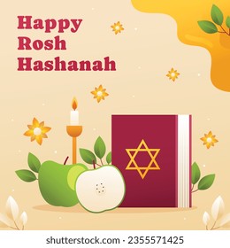 Rosh Hashanah Feier. Rosh Hashanah Hintergrund. Übersetzung aus Hebräisch - Frohes neues Jahr. Jüdisches Neujahrskonzept. Vektorgrafik. Poster, Banner, Grußkarte, Einladungskarte. Shana tova.