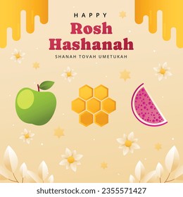 Rosh Hashanah Feier. Rosh Hashanah Hintergrund. Übersetzung aus Hebräisch - Frohes neues Jahr. Jüdisches Neujahrskonzept. Vektorgrafik. Poster, Banner, Grußkarte, Einladungskarte. Shana tova.