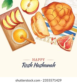 Rosh Hashanah Feier. Rosh Hashanah Hintergrund. Übersetzung aus Hebräisch - Frohes neues Jahr. Jüdisches Neujahrskonzept. Vektorgrafik. Poster, Banner, Grußkarte, Einladungskarte. Shana tova.