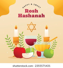 Rosh Hashanah celebration. Rosh Hashanah background. Translation from Hebrew - Happy New Year. Jewish New Year concept. Vector illustration. Poster, Banner, Greeting Card, Invitation Card. Shana tova.