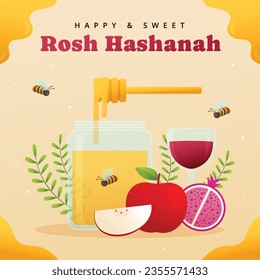 Rosh Hashanah celebration. Rosh Hashanah background. Translation from Hebrew - Happy New Year. Jewish New Year concept. Vector illustration. Poster, Banner, Greeting Card, Invitation Card. Shana tova.