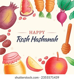 Rosh Hashanah celebration. Rosh Hashanah background. Translation from Hebrew - Happy New Year. Jewish New Year concept. Vector illustration. Poster, Banner, Greeting Card, Invitation Card. Shana tova.