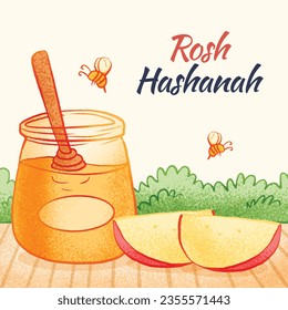 Rosh Hashanah celebration. Rosh Hashanah background. Translation from Hebrew - Happy New Year. Jewish New Year concept. Vector illustration. Poster, Banner, Greeting Card, Invitation Card. Shana tova.