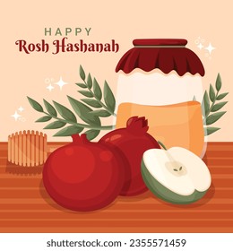 Rosh Hashanah celebration. Rosh Hashanah background. Translation from Hebrew - Happy New Year. Jewish New Year concept. Vector illustration. Poster, Banner, Greeting Card, Invitation Card. Shana tova.