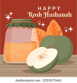 Rosh Hashanah celebration. Rosh Hashanah background. Translation from Hebrew - Happy New Year. Jewish New Year concept. Vector illustration. Poster, Banner, Greeting Card, Invitation Card. Shana tova.