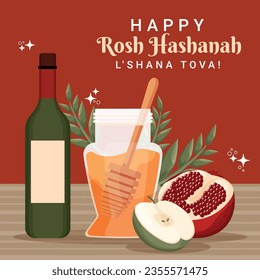 Rosh Hashanah Feier. Rosh Hashanah Hintergrund. Übersetzung aus Hebräisch - Frohes neues Jahr. Jüdisches Neujahrskonzept. Vektorgrafik. Poster, Banner, Grußkarte, Einladungskarte. Shana tova.