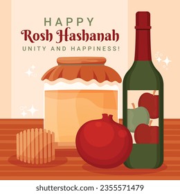 Rosh Hashanah Feier. Rosh Hashanah Hintergrund. Übersetzung aus Hebräisch - Frohes neues Jahr. Jüdisches Neujahrskonzept. Vektorgrafik. Poster, Banner, Grußkarte, Einladungskarte. Shana tova.