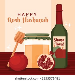 Rosh Hashanah celebration. Rosh Hashanah background. Translation from Hebrew - Happy New Year. Jewish New Year concept. Vector illustration. Poster, Banner, Greeting Card, Invitation Card. Shana tova.