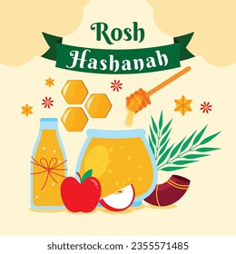 Rosh Hashanah Feier. Rosh Hashanah Hintergrund. Übersetzung aus Hebräisch - Frohes neues Jahr. Jüdisches Neujahrskonzept. Vektorgrafik. Poster, Banner, Grußkarte, Einladungskarte. Shana tova.