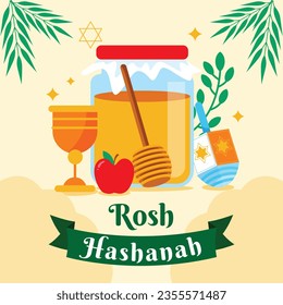 Rosh Hashanah Feier. Rosh Hashanah Hintergrund. Übersetzung aus Hebräisch - Frohes neues Jahr. Jüdisches Neujahrskonzept. Vektorgrafik. Poster, Banner, Grußkarte, Einladungskarte. Shana tova.