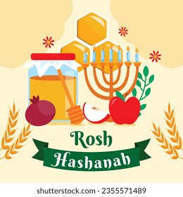 Rosh Hashanah Feier. Rosh Hashanah Hintergrund. Übersetzung aus Hebräisch - Frohes neues Jahr. Jüdisches Neujahrskonzept. Vektorgrafik. Poster, Banner, Grußkarte, Einladungskarte. Shana tova.