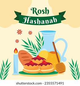 Rosh Hashanah Feier. Rosh Hashanah Hintergrund. Übersetzung aus Hebräisch - Frohes neues Jahr. Jüdisches Neujahrskonzept. Vektorgrafik. Poster, Banner, Grußkarte, Einladungskarte. Shana tova.