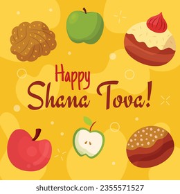 Rosh Hashanah Feier. Rosh Hashanah Hintergrund. Übersetzung aus Hebräisch - Frohes neues Jahr. Jüdisches Neujahrskonzept. Vektorgrafik. Poster, Banner, Grußkarte, Einladungskarte. Shana tova.