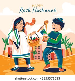 Rosh Hashanah Feier. Rosh Hashanah Hintergrund. Übersetzung aus Hebräisch - Frohes neues Jahr. Jüdisches Neujahrskonzept. Vektorgrafik. Poster, Banner, Grußkarte, Einladungskarte. Shana tova.