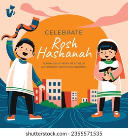 Rosh Hashanah Feier. Rosh Hashanah Hintergrund. Übersetzung aus Hebräisch - Frohes neues Jahr. Jüdisches Neujahrskonzept. Vektorgrafik. Poster, Banner, Grußkarte, Einladungskarte. Shana tova.