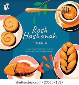 Rosh Hashanah celebration. Rosh Hashanah background. Translation from Hebrew - Happy New Year. Jewish New Year concept. Vector illustration. Poster, Banner, Greeting Card, Invitation Card. Shana tova.