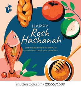 Rosh Hashanah celebration. Rosh Hashanah background. Translation from Hebrew - Happy New Year. Jewish New Year concept. Vector illustration. Poster, Banner, Greeting Card, Invitation Card. Shana tova.