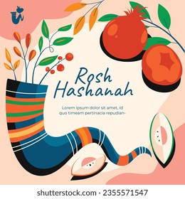 Rosh Hashanah celebration. Rosh Hashanah background. Translation from Hebrew - Happy New Year. Jewish New Year concept. Vector illustration. Poster, Banner, Greeting Card, Invitation Card. Shana tova.