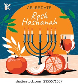 Rosh Hashanah celebration. Rosh Hashanah background. Translation from Hebrew - Happy New Year. Jewish New Year concept. Vector illustration. Poster, Banner, Greeting Card, Invitation Card. Shana tova.