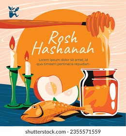 Rosh Hashanah Feier. Rosh Hashanah Hintergrund. Übersetzung aus Hebräisch - Frohes neues Jahr. Jüdisches Neujahrskonzept. Vektorgrafik. Poster, Banner, Grußkarte, Einladungskarte. Shana tova.