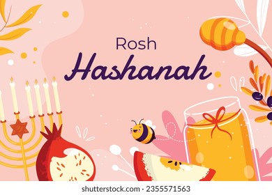 Rosh Hashanah Feier. Rosh Hashanah Hintergrund. Übersetzung aus Hebräisch - Frohes neues Jahr. Jüdisches Neujahrskonzept. Vektorgrafik. Poster, Banner, Grußkarte, Einladungskarte. Shana tova.