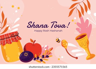 Rosh Hashanah celebration. Rosh Hashanah background. Translation from Hebrew - Happy New Year. Jewish New Year concept. Vector illustration. Poster, Banner, Greeting Card, Invitation Card. Shana tova.