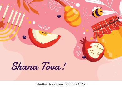 Rosh Hashanah celebration. Rosh Hashanah background. Translation from Hebrew - Happy New Year. Jewish New Year concept. Vector illustration. Poster, Banner, Greeting Card, Invitation Card. Shana tova.