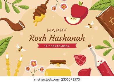 Rosh Hashanah celebration. Rosh Hashanah background. Translation from Hebrew - Happy New Year. Jewish New Year concept. Vector illustration. Poster, Banner, Greeting Card, Invitation Card. Shana tova.