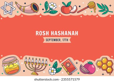 Rosh Hashanah celebration. Rosh Hashanah background. Translation from Hebrew - Happy New Year. Jewish New Year concept. Vector illustration. Poster, Banner, Greeting Card, Invitation Card. Shana tova.