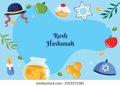 Rosh Hashanah Feier. Rosh Hashanah Hintergrund. Übersetzung aus Hebräisch - Frohes neues Jahr. Jüdisches Neujahrskonzept. Vektorgrafik. Poster, Banner, Grußkarte, Einladungskarte. Shana tova.