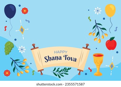 Rosh Hashanah celebration. Rosh Hashanah background. Translation from Hebrew - Happy New Year. Jewish New Year concept. Vector illustration. Poster, Banner, Greeting Card, Invitation Card. Shana tova.