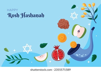 Rosh Hashanah celebration. Rosh Hashanah background. Translation from Hebrew - Happy New Year. Jewish New Year concept. Vector illustration. Poster, Banner, Greeting Card, Invitation Card. Shana tova.